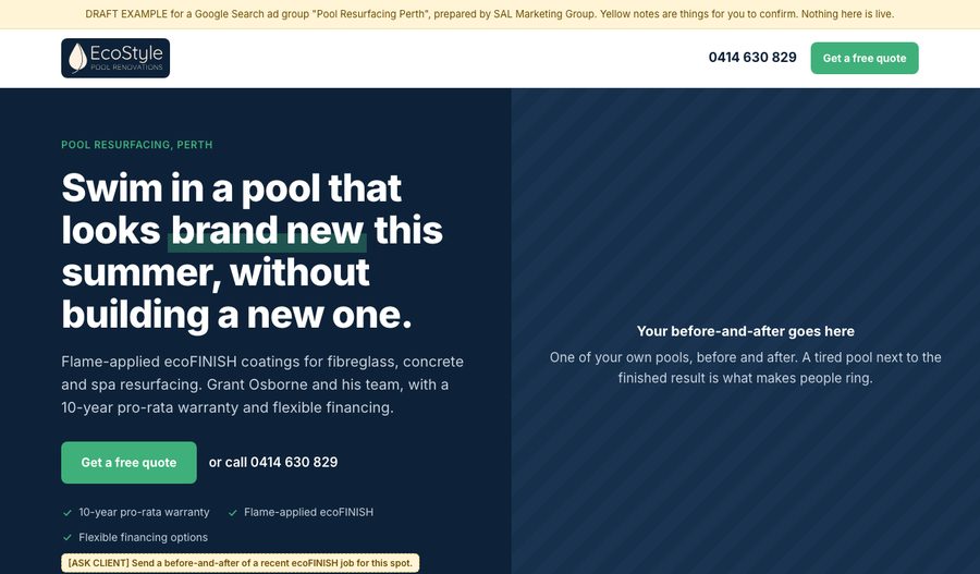 Preview of the Pool Resurfacing Perth landing page